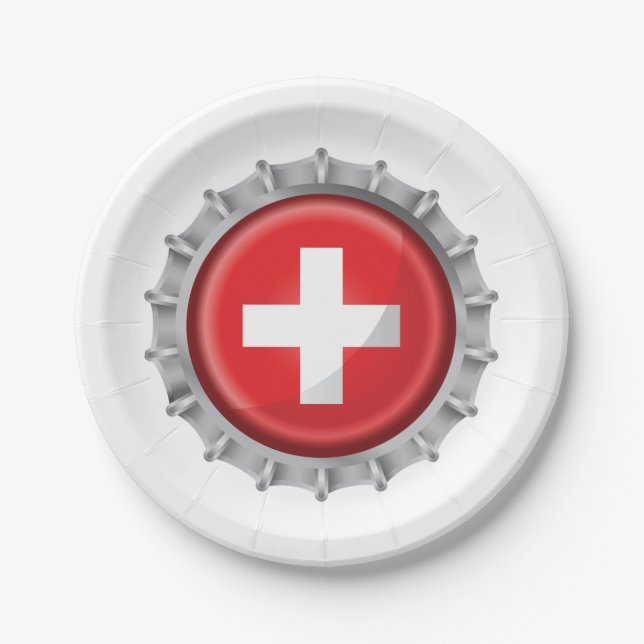 Swiss Flag Bottle Cap Red and White Cross Paper Plates (Front)