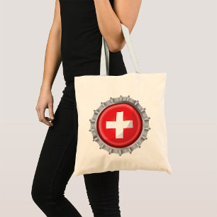 Swiss Flag Bottle Cap Red and White Cross Tote Bag