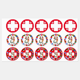 Swiss flag, edelweiss, cantons and dancers labels