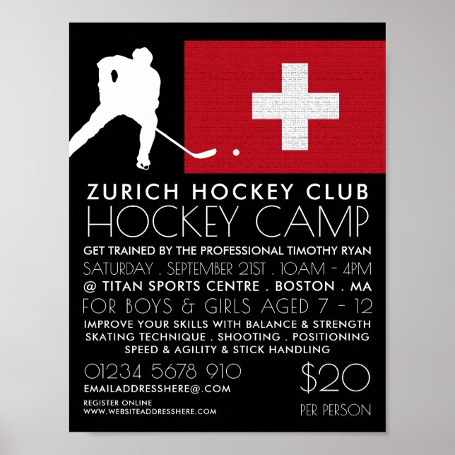 Swiss Flag, Hockey Player, Camp Advertising Poster (Front)
