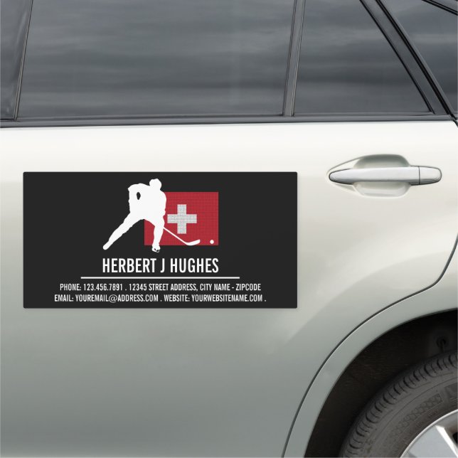Swiss Flag, Hockey Player, Hockey Coach Car Magnet (In Situ)