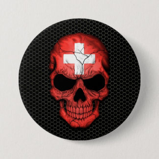 Swiss Flag Skull on Steel Mesh Graphic Button