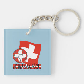 Swiss Flag Soccer Ball Blue Background Square Keychain