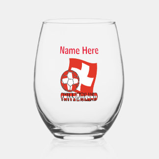 Swiss Flag Soccer Ball Red Personalized Name  Stemless Wine Glass