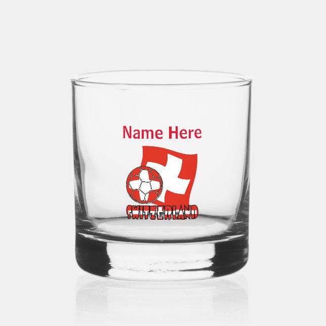 Swiss Flag Soccer Ball Red Personalized Name  Whiskey Glass (Front)
