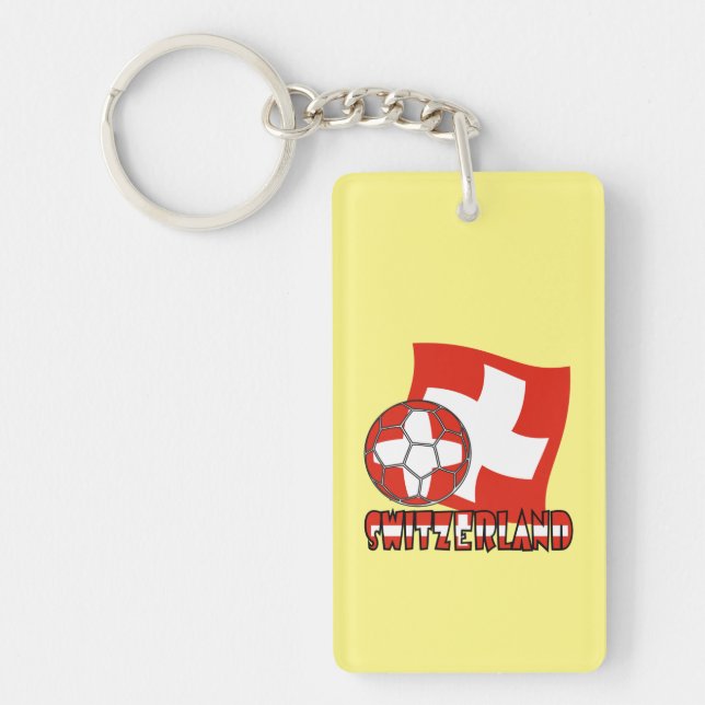Swiss Flag Soccer Ball Yellow Background Acrylic Keychain (Front)