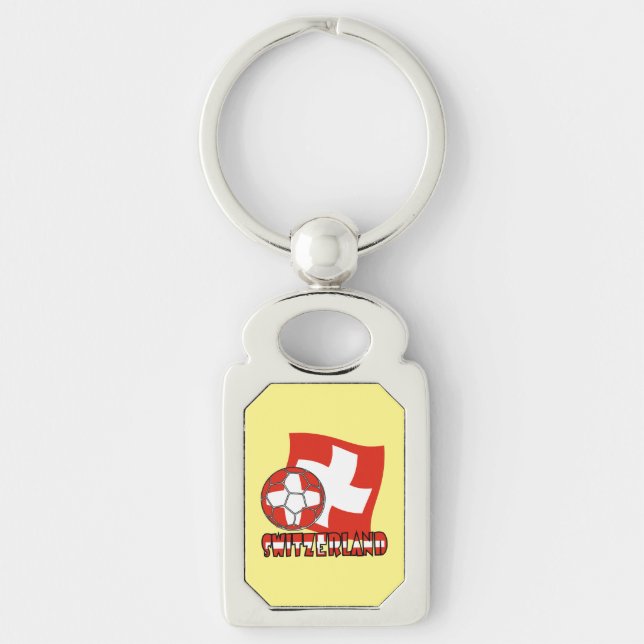 Swiss Flag Soccer Ball Yellow Background Rectangle Keychain (Front)