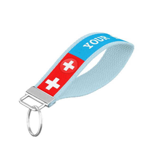 Swiss Flag & Switzerland wrist keychain /text name (Angled Down)