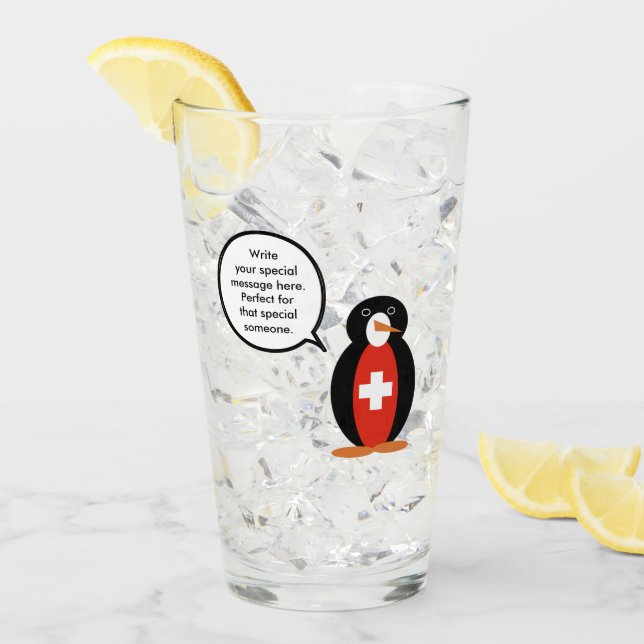 Swiss Flag Talking Ms. Penguin Personalized  Glass (Front Ice)
