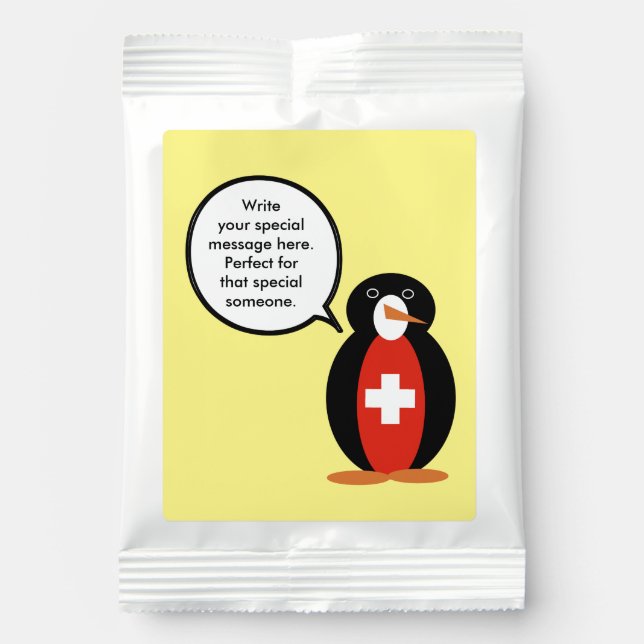 Swiss Flag Talking Ms. Penguin Personalized  Hot Chocolate Drink Mix (Front)