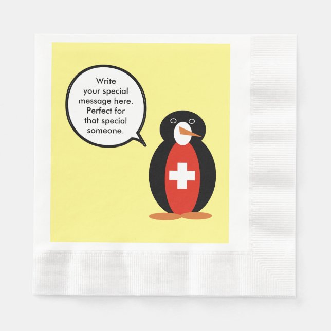 Swiss Flag Talking Ms. Penguin Personalized  Napkins (Front)