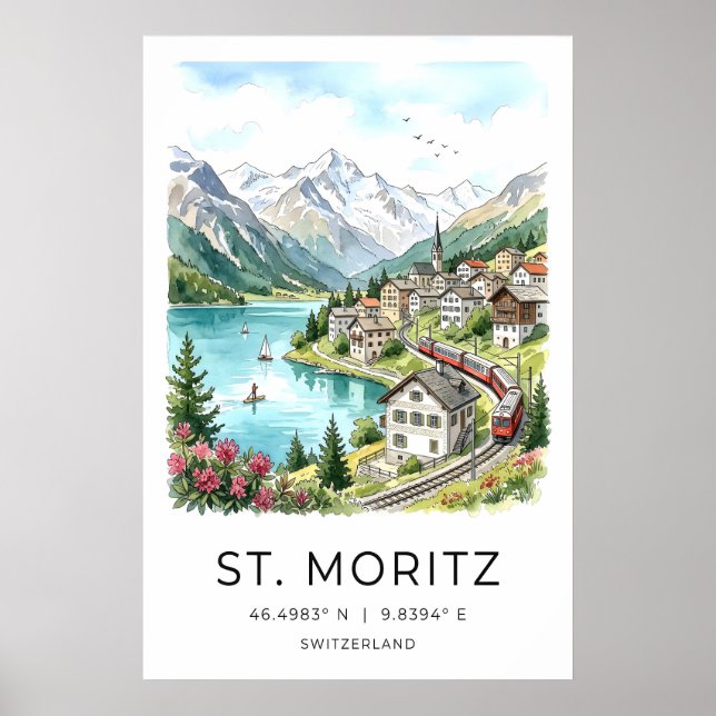 Swiss Landscape Art St Moritz Watercolor - Alpine Poster (Front)