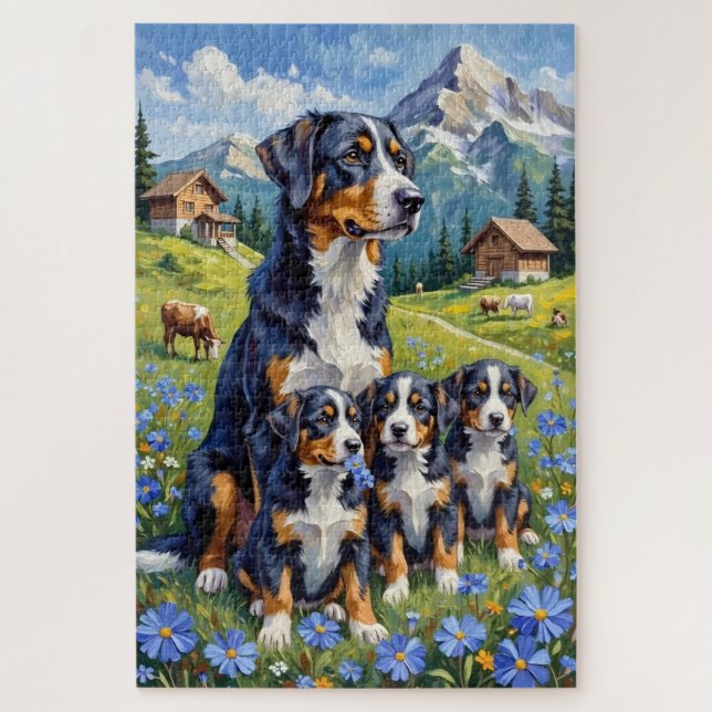 Swiss Mountain Dog Alpine Gentian Art Jigsaw Puzzle (Vertical)