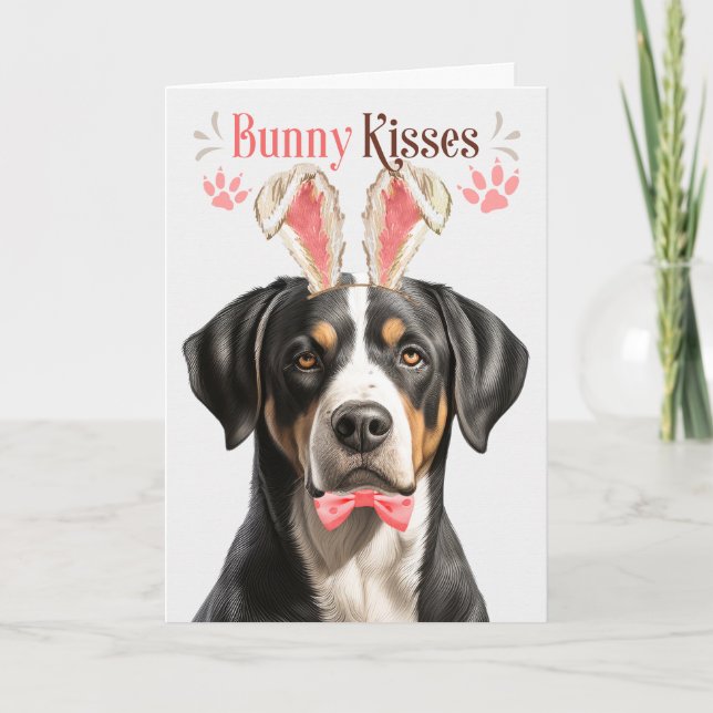 Swiss Mountain Dog Bunny Ears for Easter Holiday Card (Front)