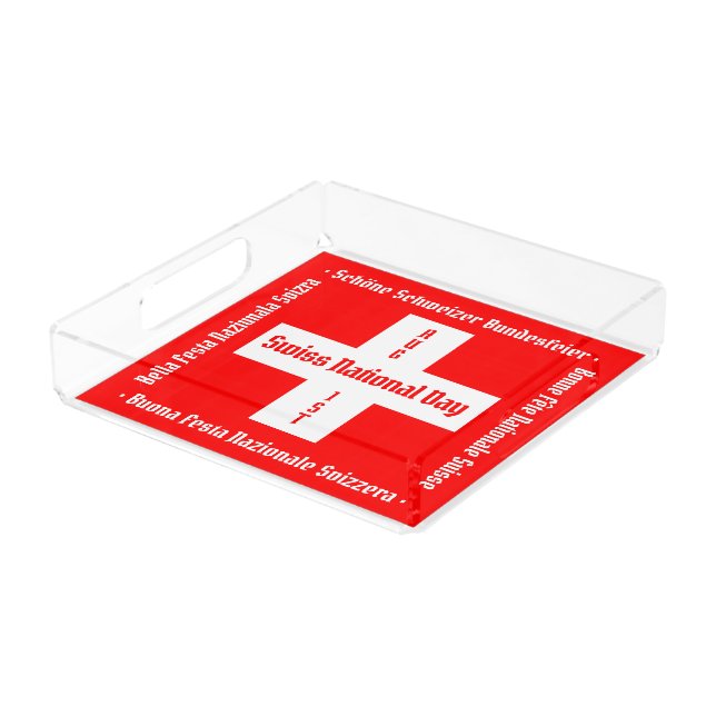 Swiss National Day in Four Languages Swiss Flag Acrylic Tray (Angled)