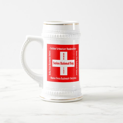 Swiss National Day in Four Languages Swiss Flag Beer Stein