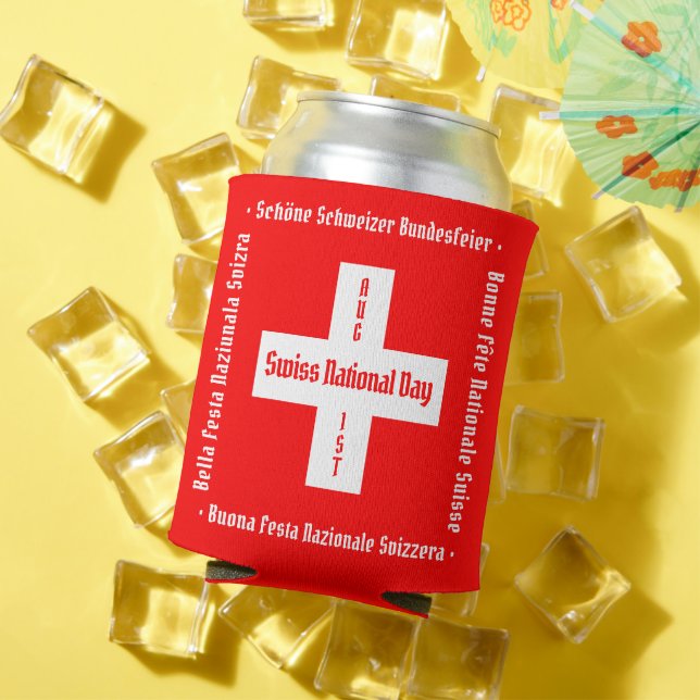 Swiss National Day in Four Languages Swiss Flag Can Cooler (In Situ Summer)