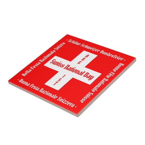 Swiss National Day in Four Languages Swiss Flag Ceramic Tile