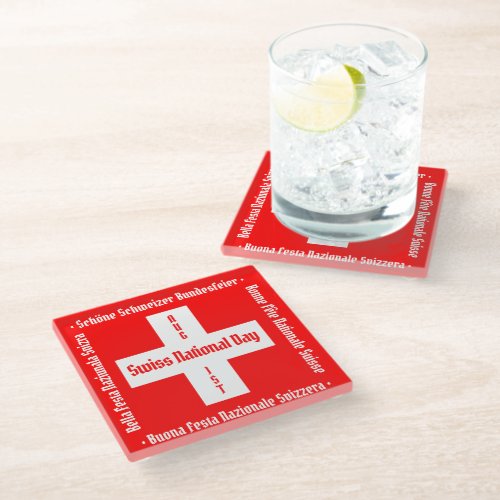 Swiss National Day in Four Languages Swiss Flag Glass Coaster