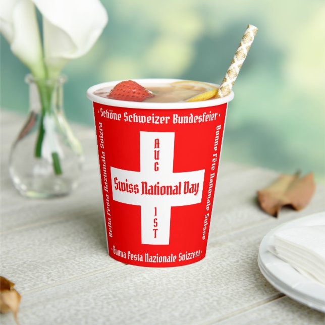 Swiss National Day in Four Languages Swiss Flag Paper Cups (Insitu)