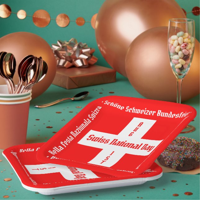 Swiss National Day in Four Languages Swiss Flag Paper Plates (Multi)