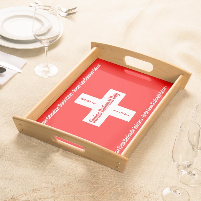 Swiss National Day in Four Languages Swiss Flag Serving Tray (Front)