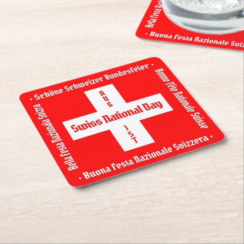 Swiss National Day in Four Languages Swiss Flag Square Paper Coaster