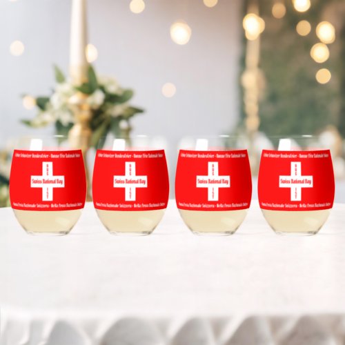 Swiss National Day in Four Languages Swiss Flag Stemless Wine Glass