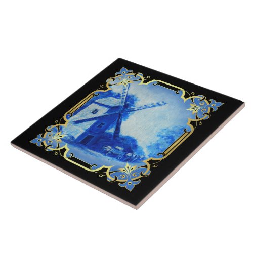 SwissNorwegianHolland windmill delft blue Ceramic Tile