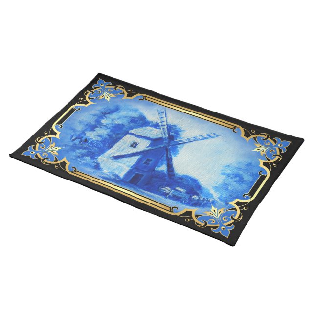 Swiss/Norwegian/Holland windmill delft blue Cloth Placemat (On Table)