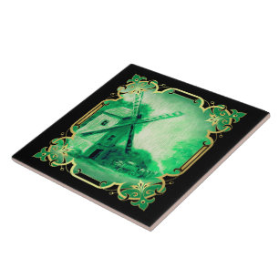 Swiss/Norwegian/Holland windmill delft green Ceramic Tile