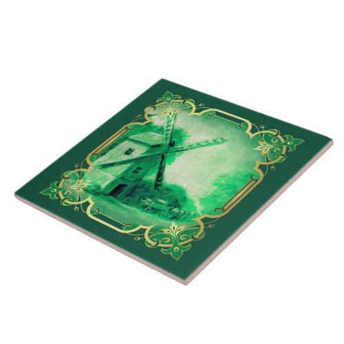 SwissNorwegianHolland windmill delft green Ceramic Tile