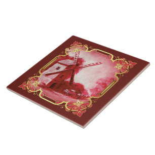 Swiss/Norwegian/Holland windmill delft red Ceramic Tile