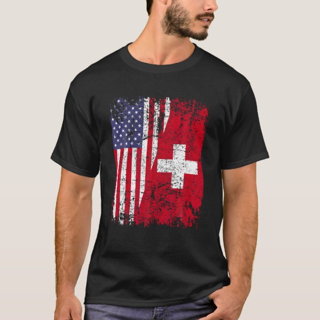 SWISS ROOTS Half American Flag SWITZERLAND T Shirt (Front)