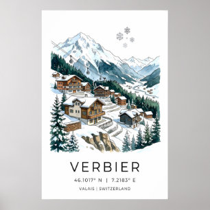 Swiss Ski Village Poster, Snowy Chalets, Cable Car Poster