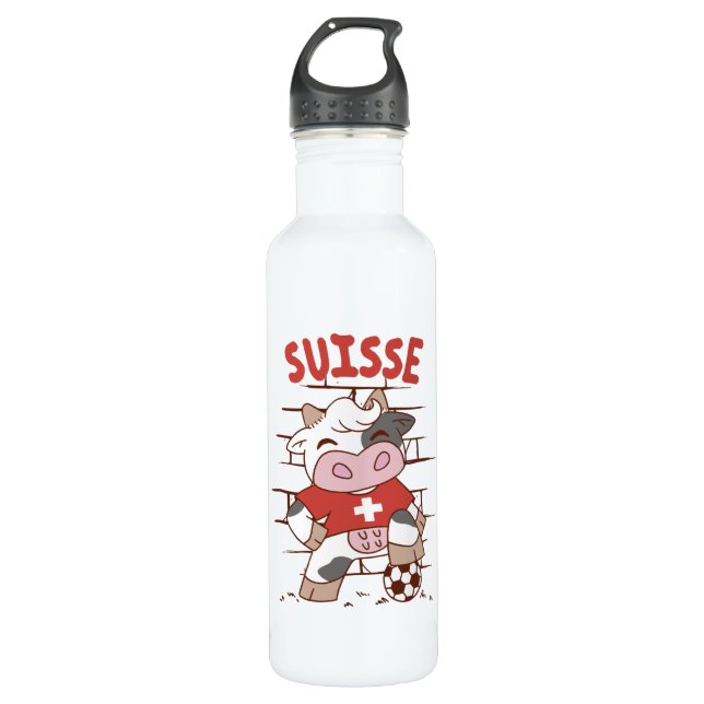 Swiss Soccer Cow Football Fan Switzerland Flag Stainless Steel Water Bottle (Front)