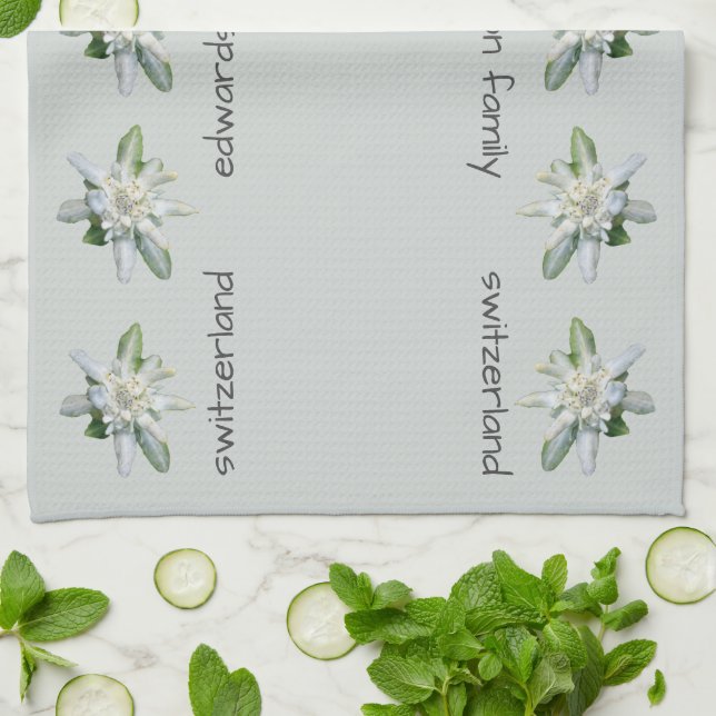 Swiss Switzerland text Edelweiss family name Kitchen Towel (Folded)