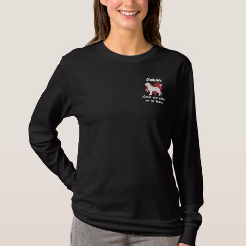 Swissies Leave Paw Prints Embroidered Long Sleeve T_Shirt