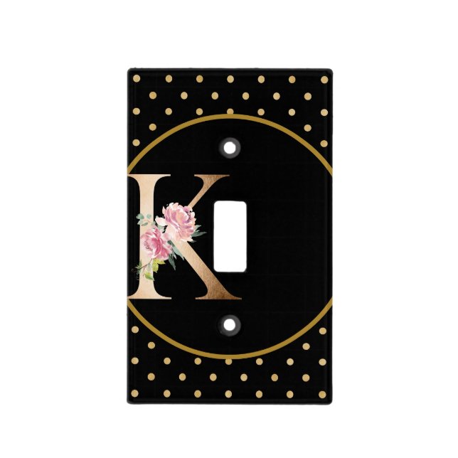 Switchplate Black & Gold with Floral Monogram K (Front)