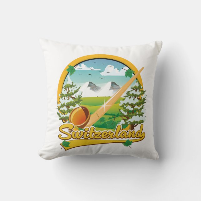 Switzerland alphorn retro travel logo throw pillow (Front)