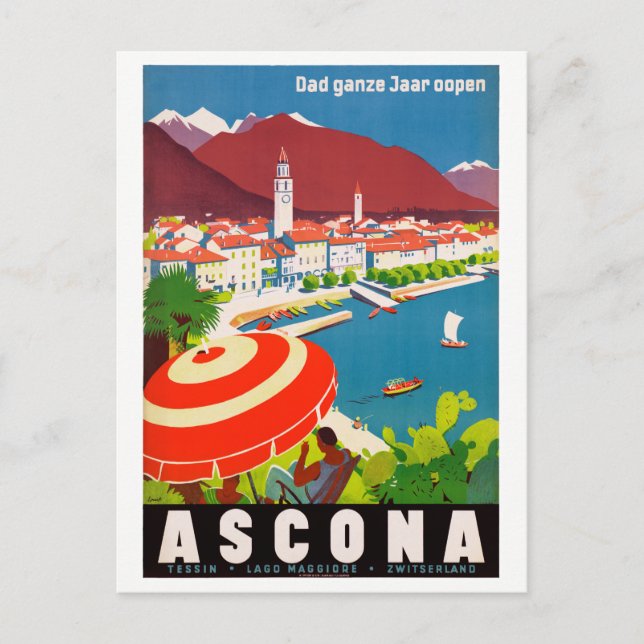Switzerland Ascona Vintage Travel Poster Restored Postcard (Front)
