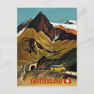 Switzerland bus tour, travel vintage postcard