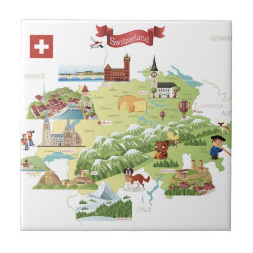 Switzerland Cartoon Map Ceramic Tile