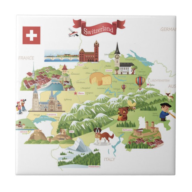 Switzerland Cartoon Map Ceramic Tile (Front)
