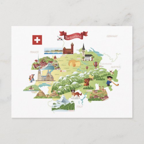 Switzerland Cartoon Map Postcard