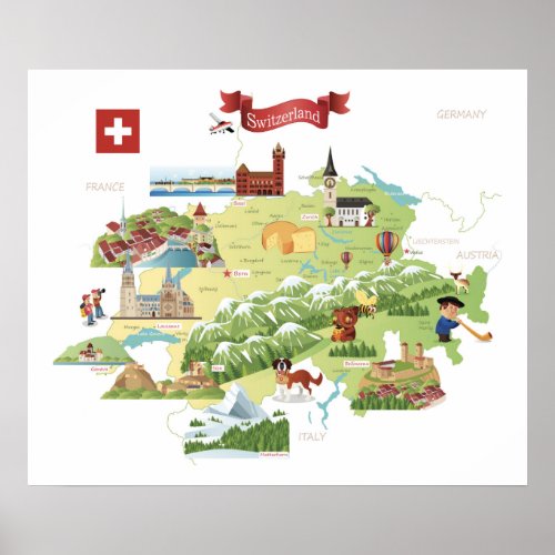 Switzerland Cartoon Map Poster