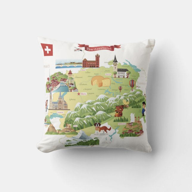 Switzerland Cartoon Map Throw Pillow (Front)