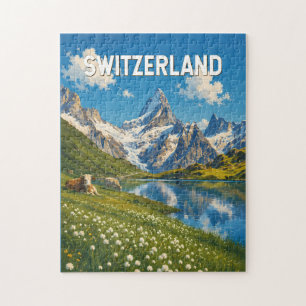 Switzerland Cows Cow Illustration Travel Art Retro Jigsaw Puzzle