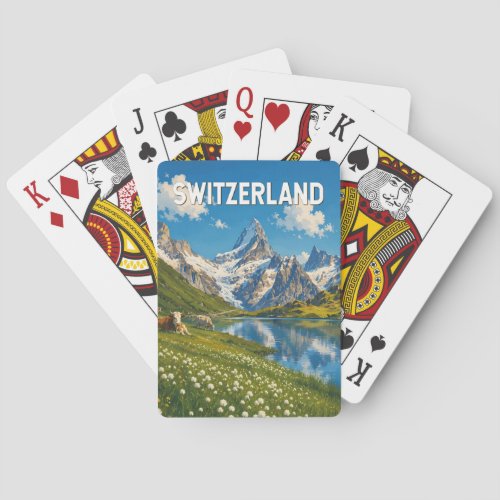 Switzerland Cows Cow Illustration Travel Art Retro Poker Cards