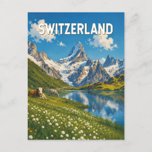Switzerland Cows Cow Illustration Travel Art Retro Postcard